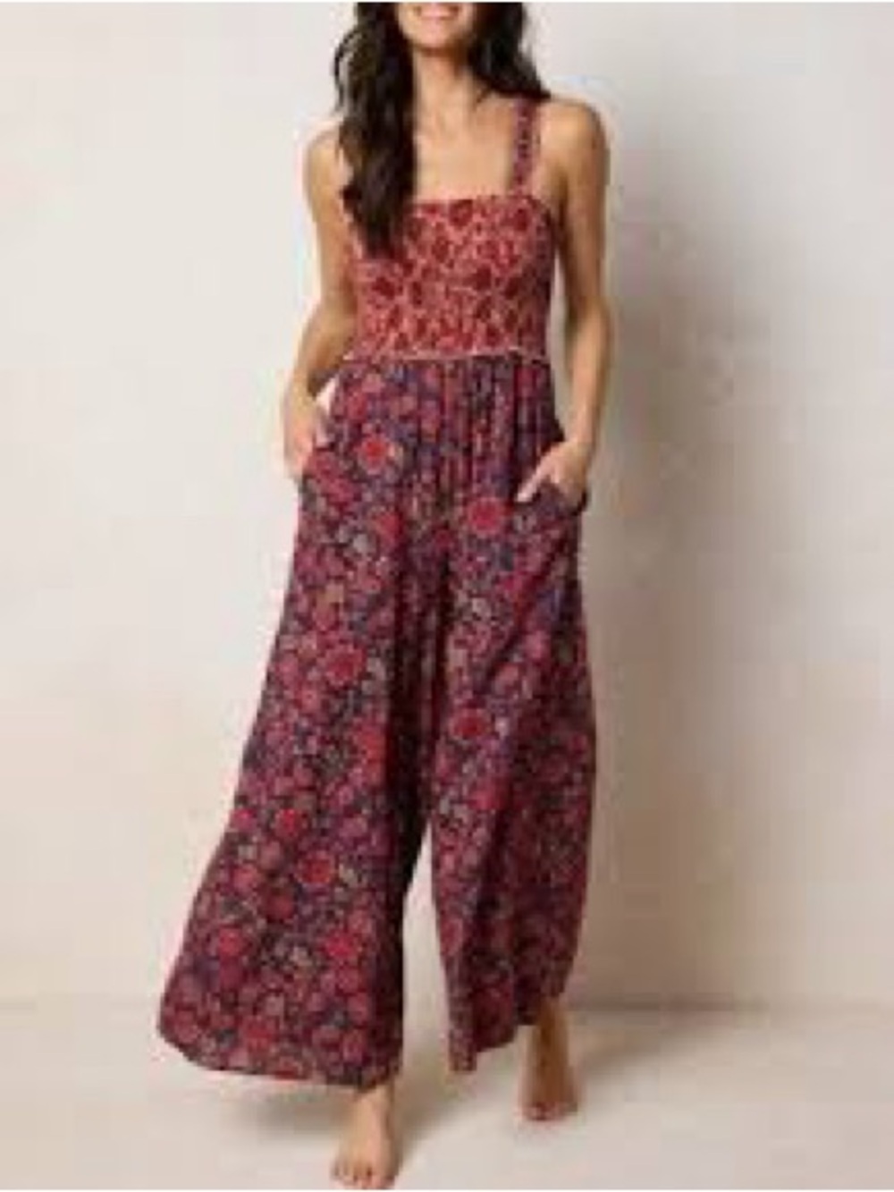 NWOT NATURAL LIFE Burgundy Floral Wide-Leg Jumpsuit